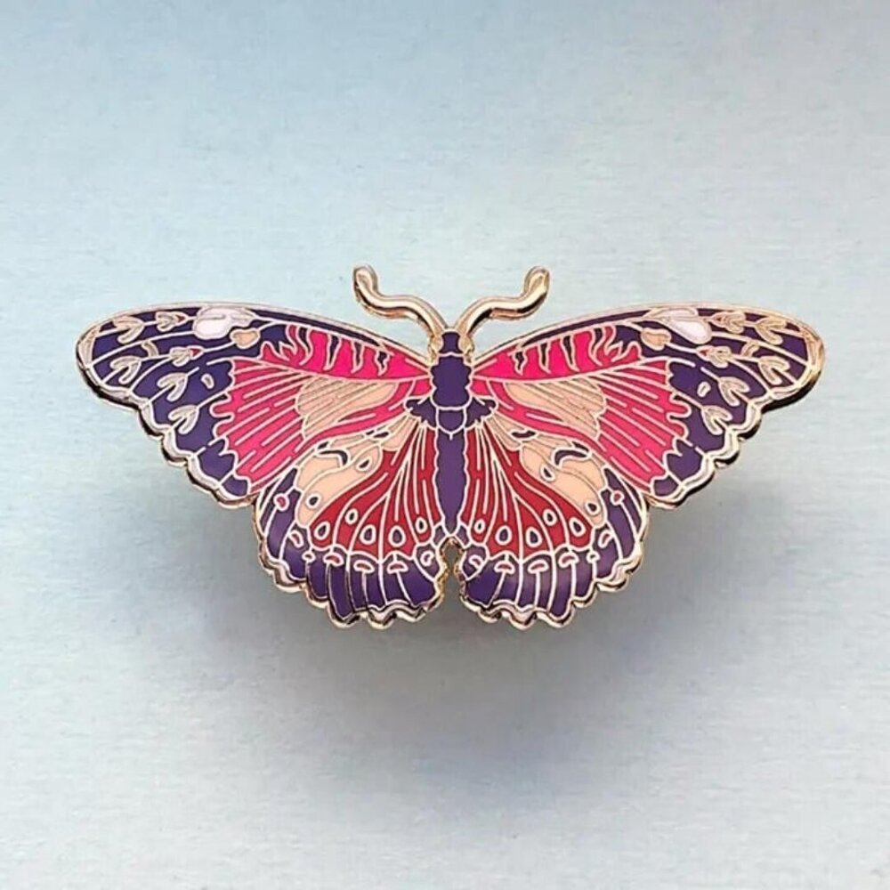 Red Lacewing Butterfly Enamel Pin - Gold Plated Nature Jewelry & Brooch